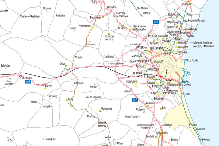 Maps of Albacete and Valencia with municipalities and roads