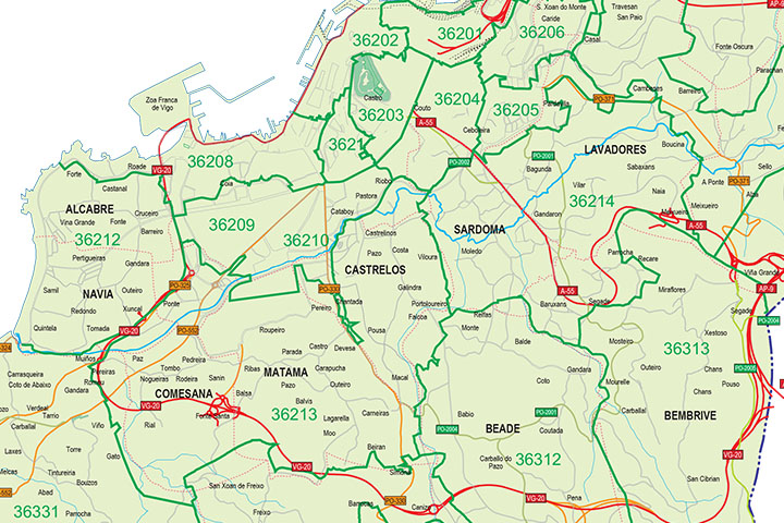 Vigo - mapa con los distritos postales