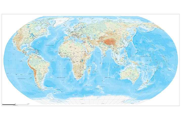 Robinson projected Worldmap centered in Bahrain