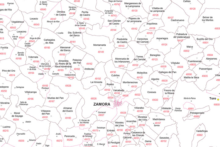Zamora - mapa provincial con municipios y Códigos Postales
